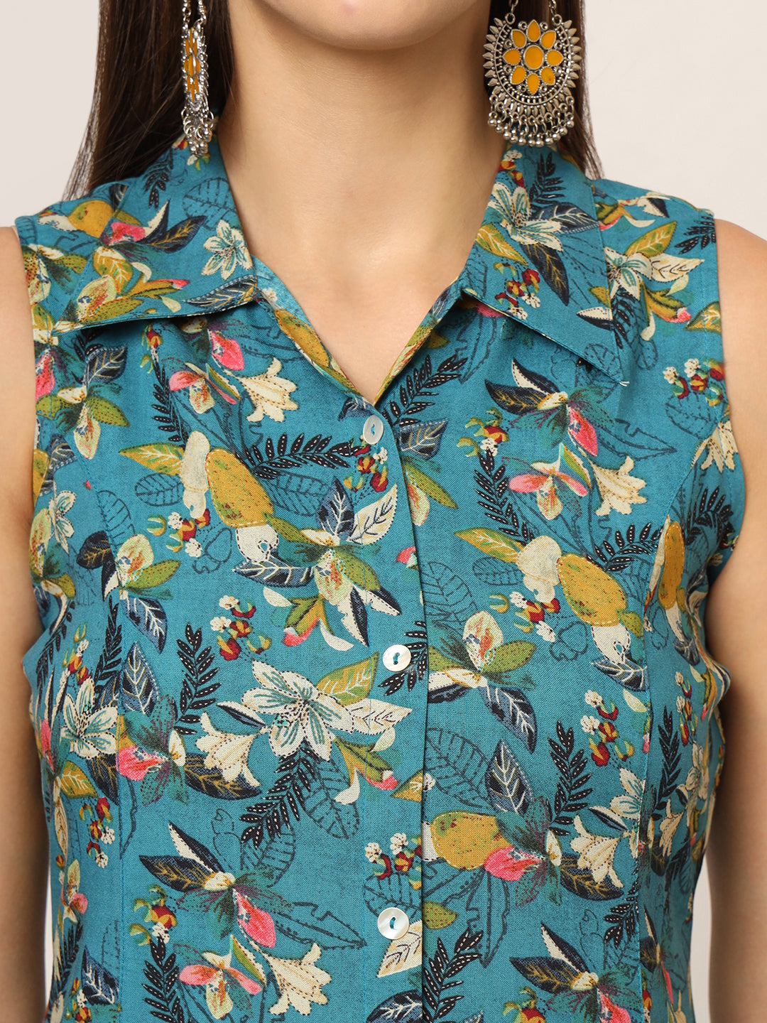 Blue Floral Print A-Line Midi Dress