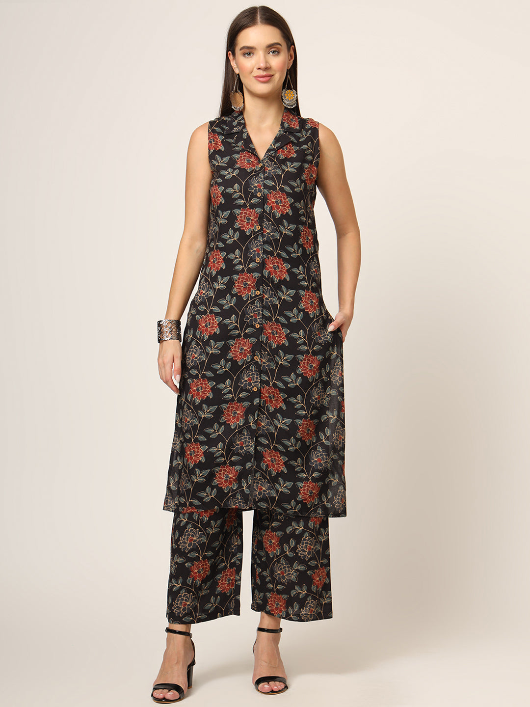 Black Printed Rayon Fabric Straight Kurta