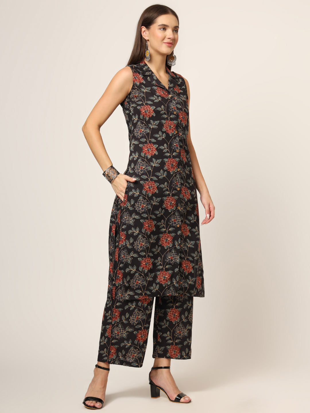 Black Printed Rayon Fabric Straight Kurta