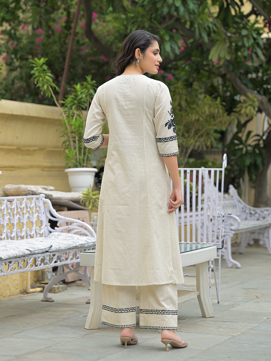 Off White Solid Black Embroidery Kurta Pant Set