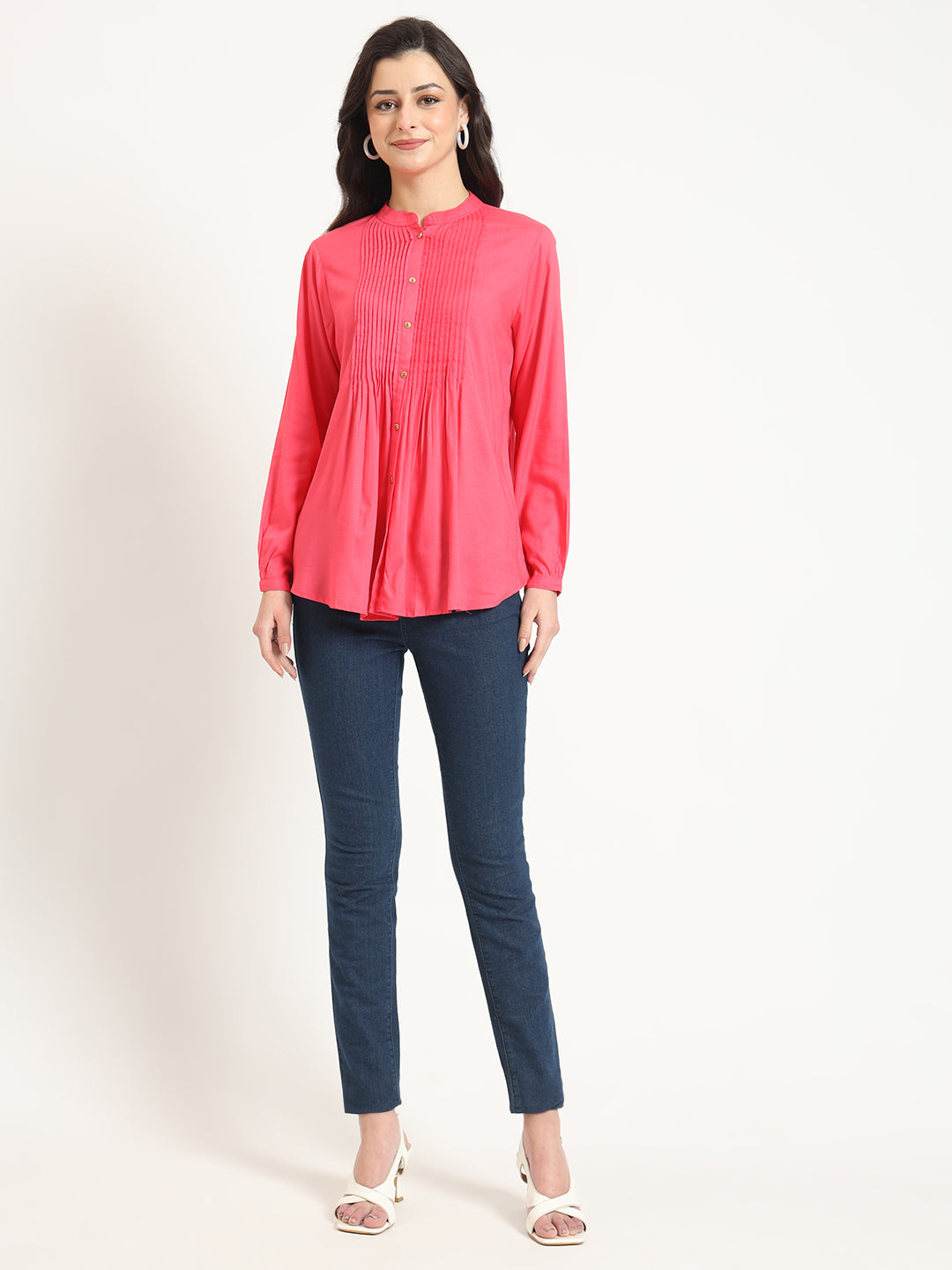 Peach Solid Print Rayon Fabric Straight Top