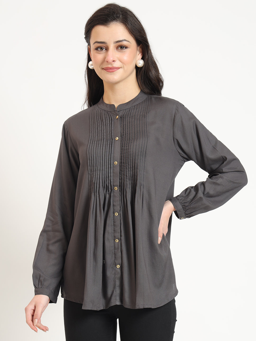 Grey Solid Print Rayon Fabric Straight Top