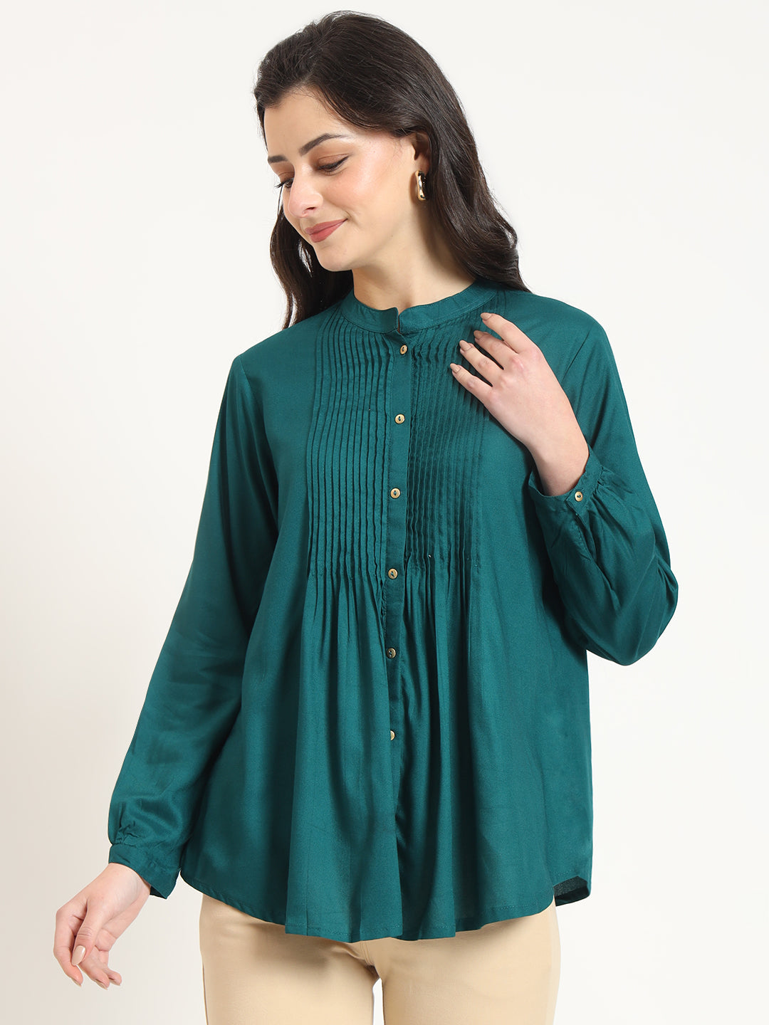 Turquoise Solid Print Rayon Fabric Straight Top