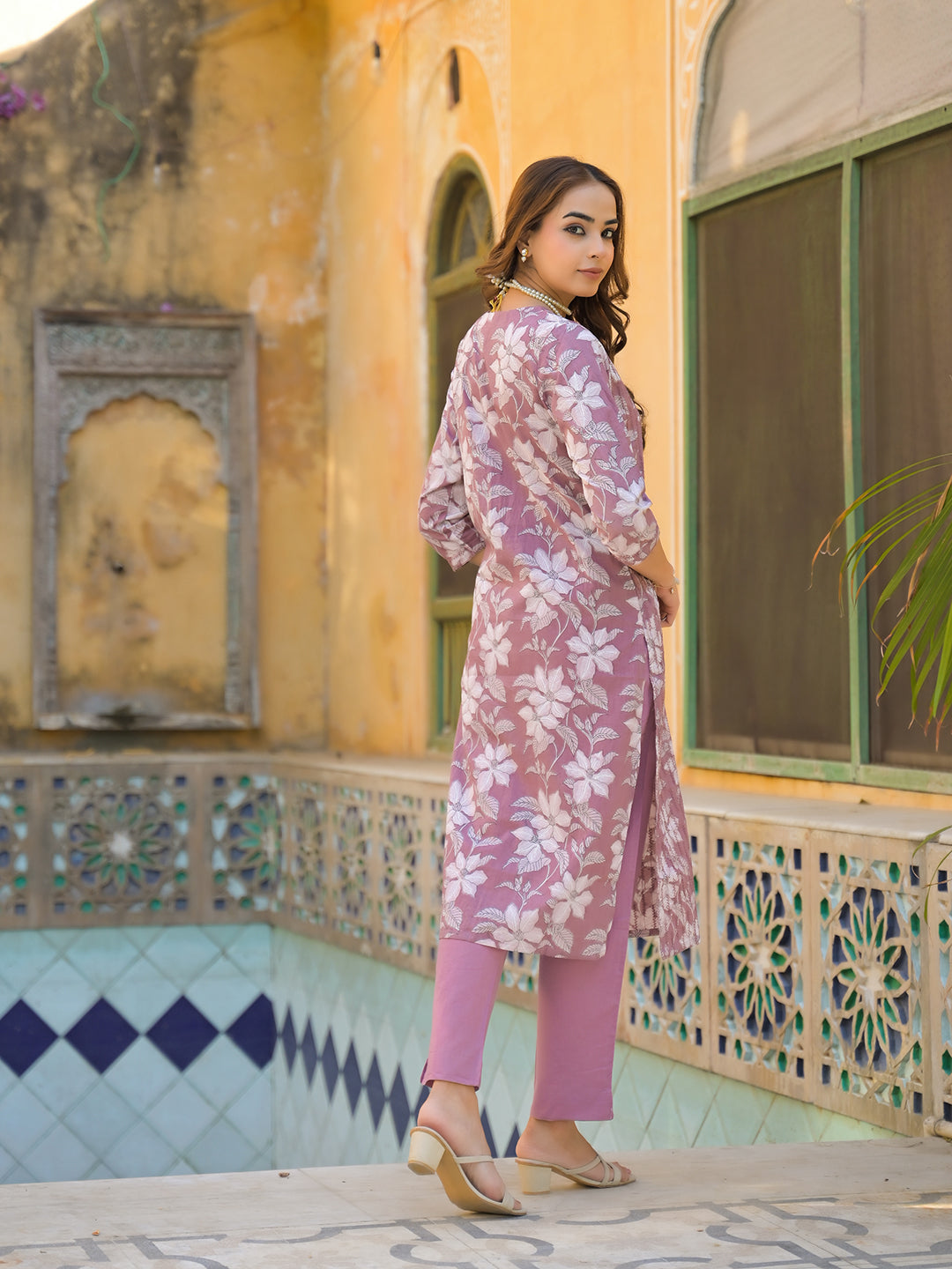 Peach Floral Print Cotton Straight Kurta Pant with Dupatta