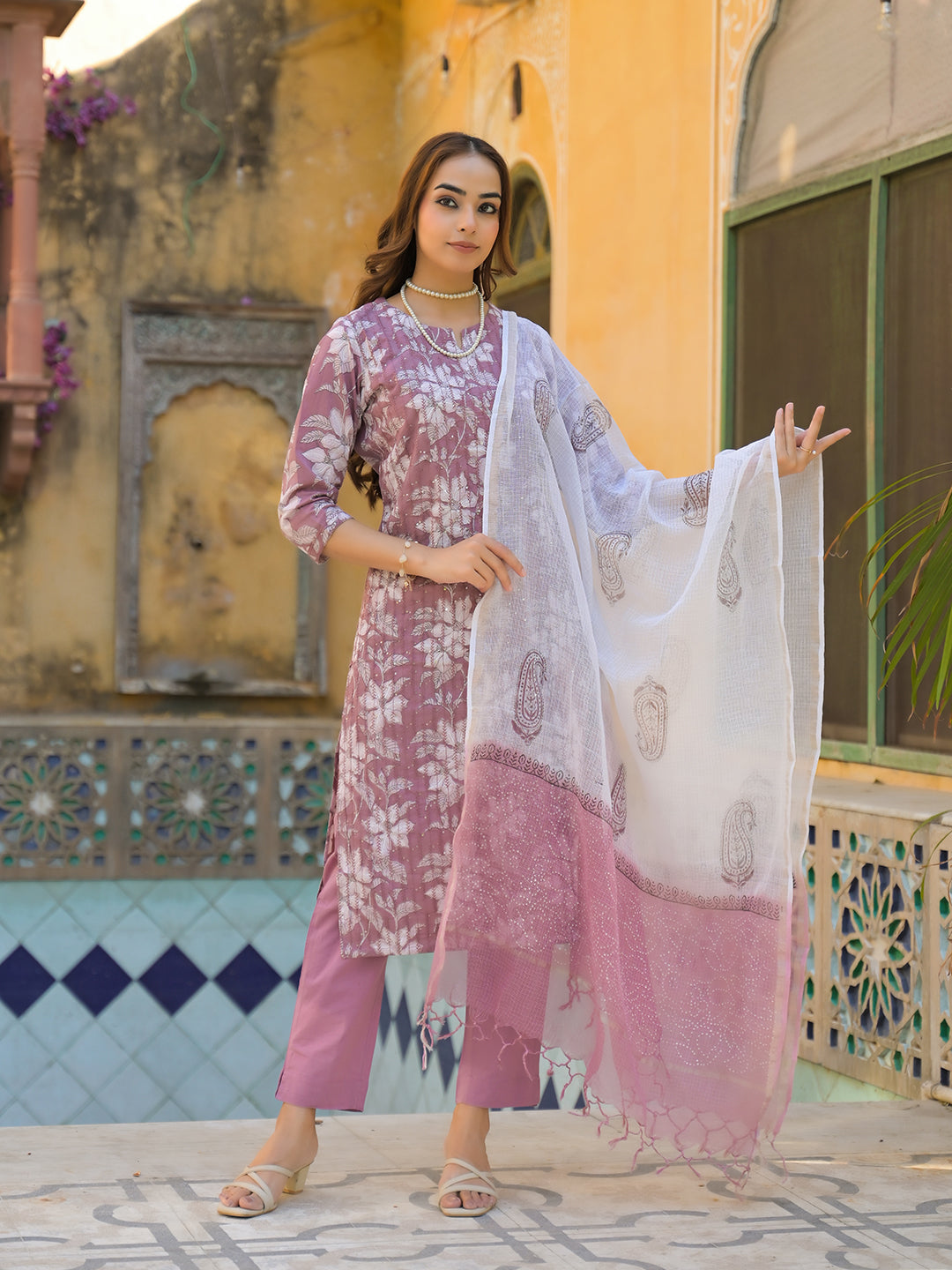 Peach Floral Print Cotton Straight Kurta Pant with Dupatta