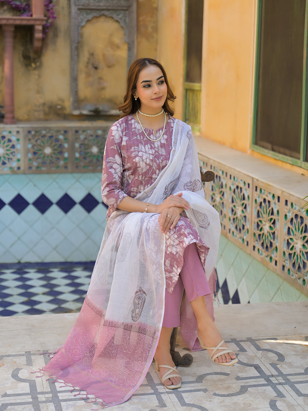 Peach Floral Print Cotton Straight Kurta Pant with Dupatta