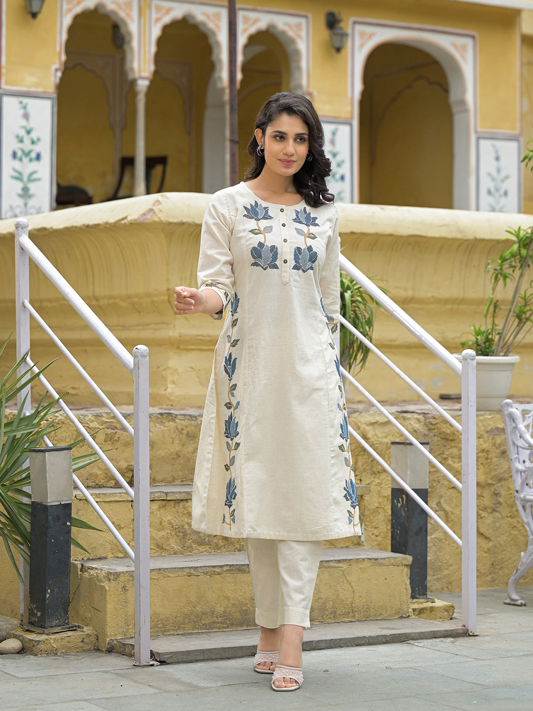 Off White Blue Embroidered Kurta Pant Set