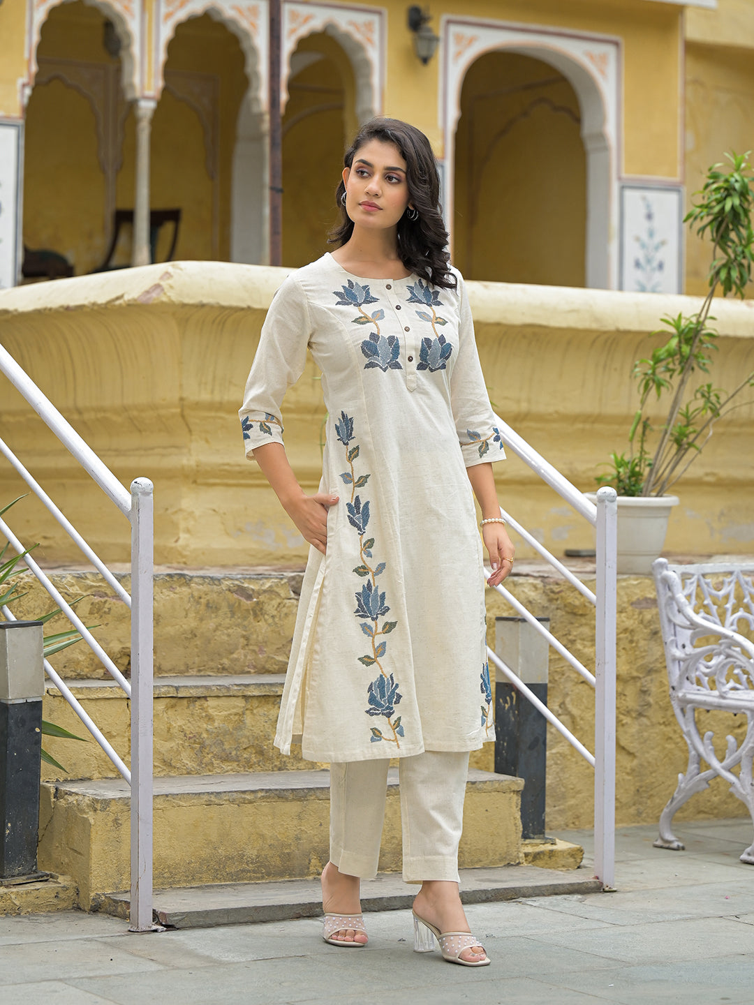 Off White Blue Embroidered Kurta Pant Set