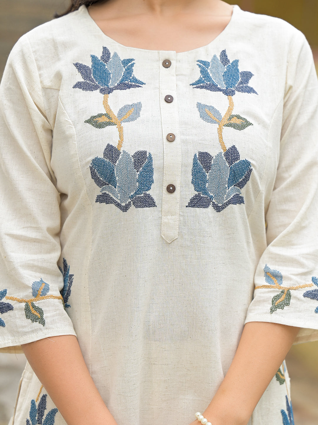 Off White Blue Embroidered Kurta Pant Set