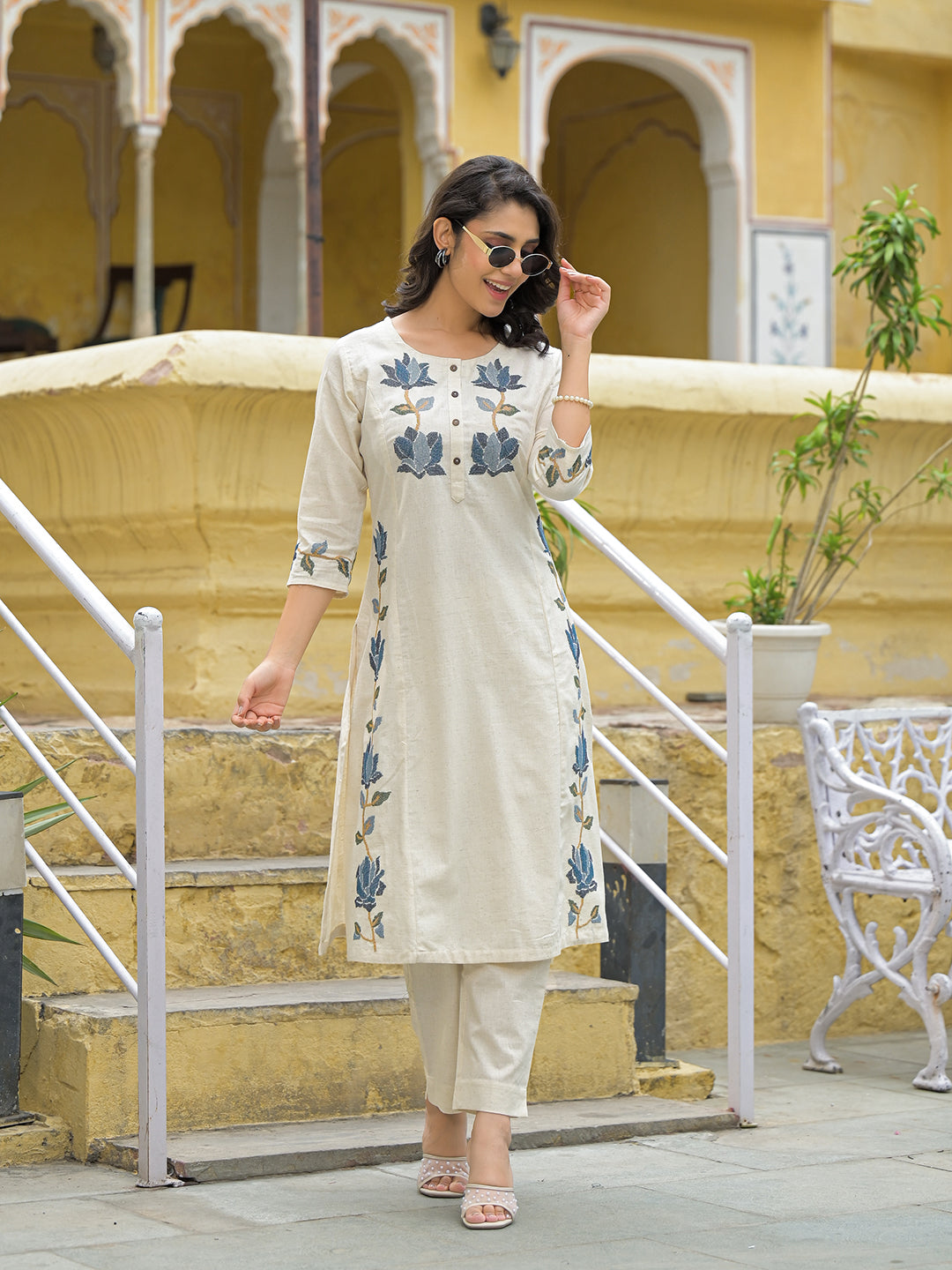 Off White Blue Embroidered Kurta Pant Set