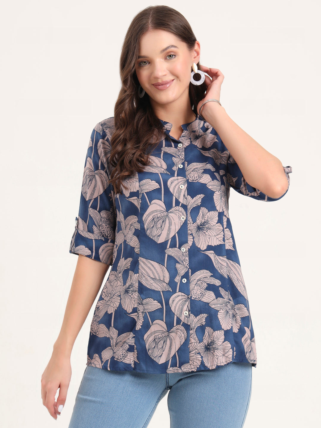 Navy Blue Rayon Rollup Sleeves A-Line Top