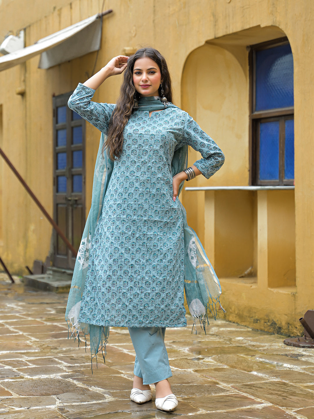 Blue Embroidered Cotton Straight Kurta Pant Set With Dupatta