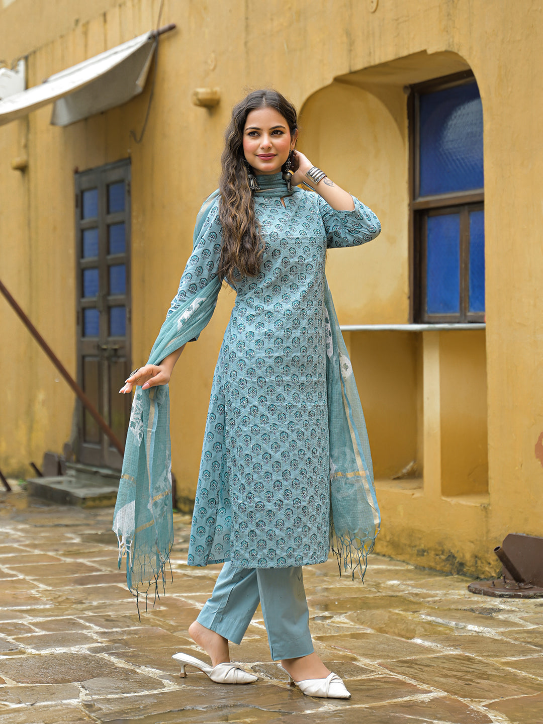 Blue Embroidered Cotton Straight Kurta Pant Set With Dupatta