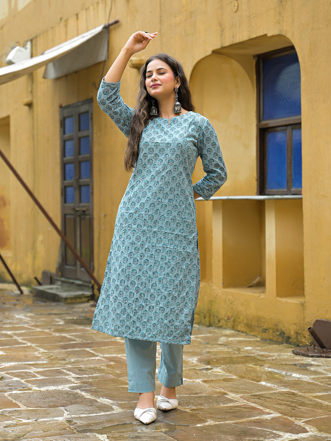 Blue Embroidered Cotton Straight Kurta Pant Set With Dupatta