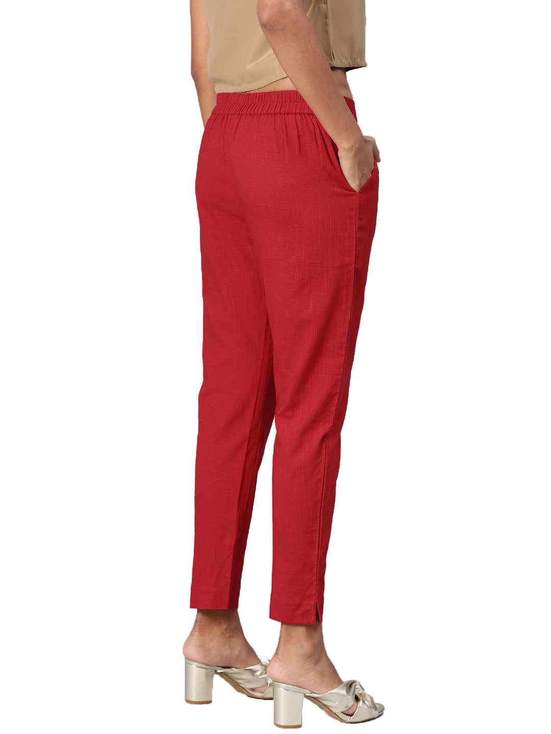 Women Maroon Straight Fit Solid Regular Trousers