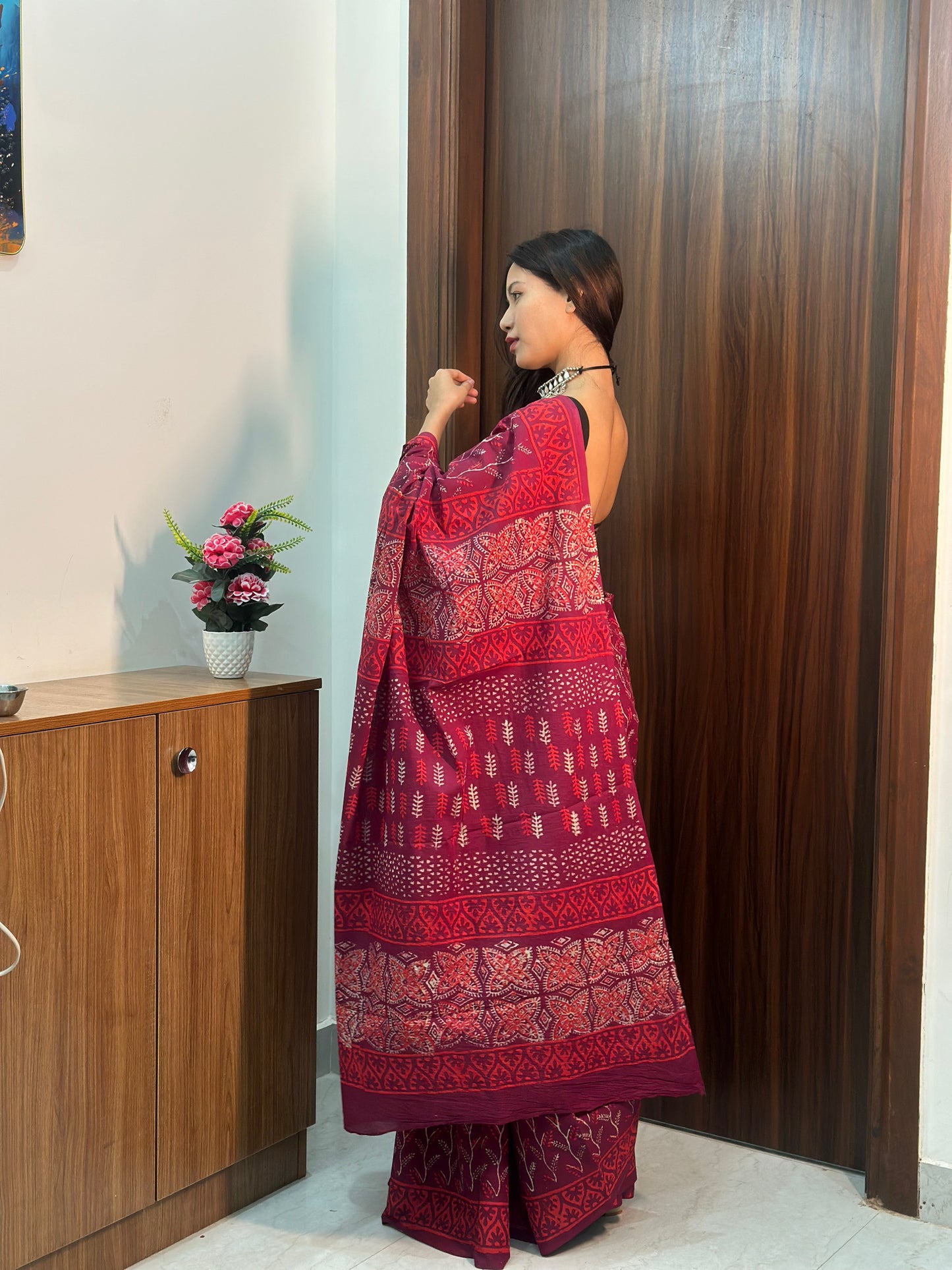 Mulberry Magic Purple & Maroon Floral Mulmul Saree