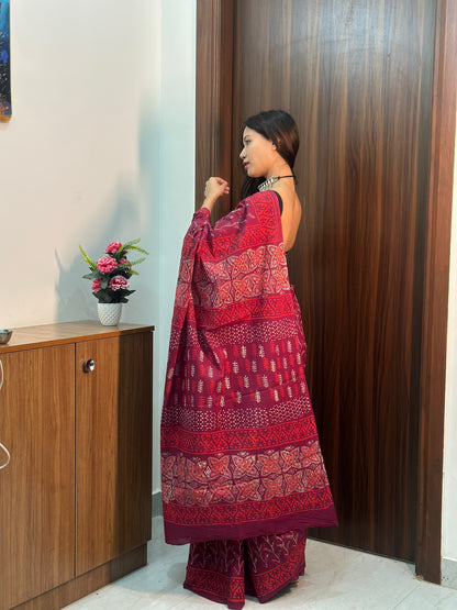 Mulberry Magic Purple & Maroon Floral Mulmul Saree