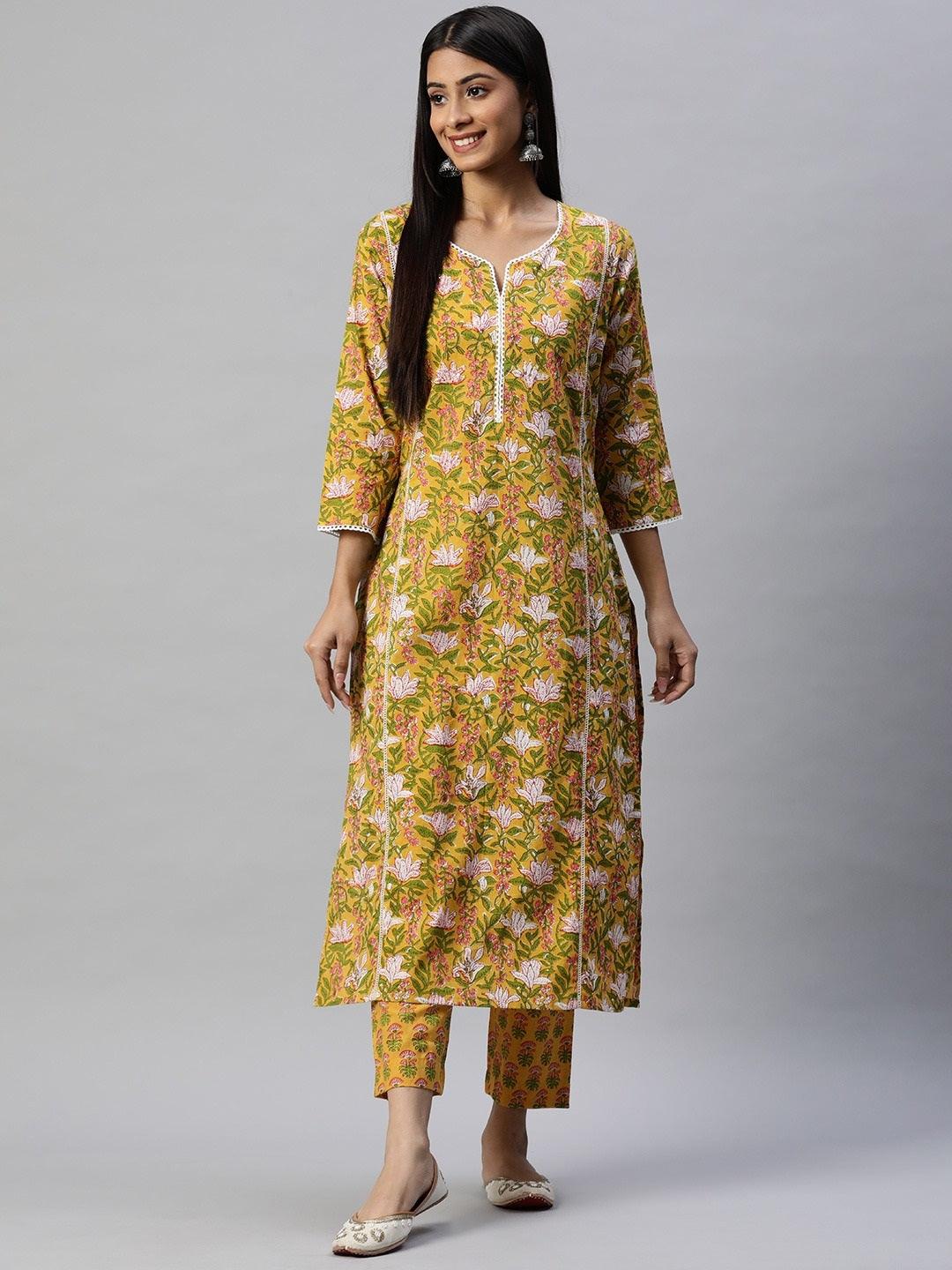  Yellow Floral Printed Straight Kurta Pant Sets 