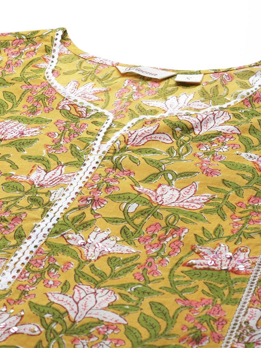  Yellow Floral Printed Straight Kurta Pant Sets 