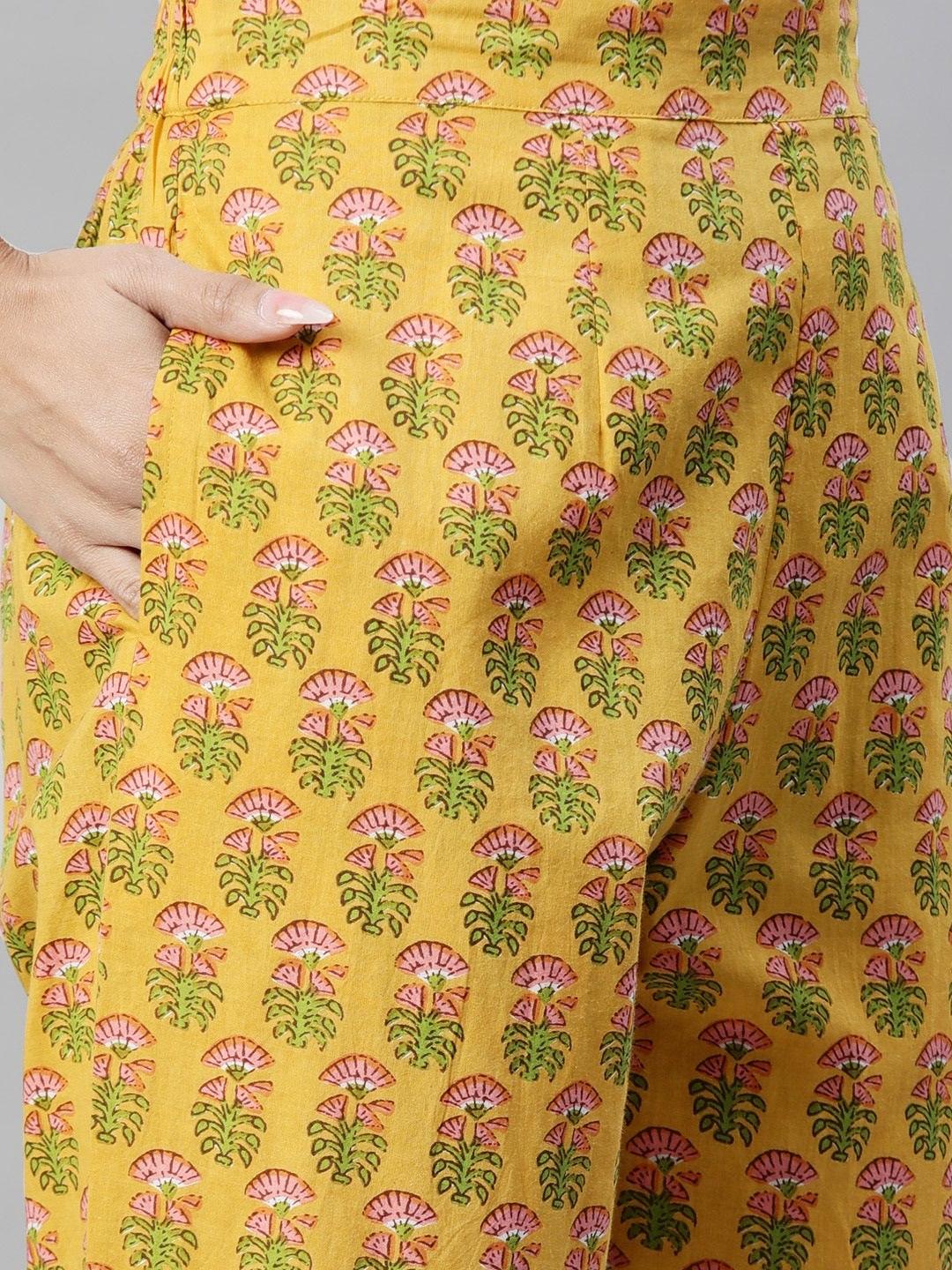  Yellow Floral Printed Straight Kurta Pant Sets 