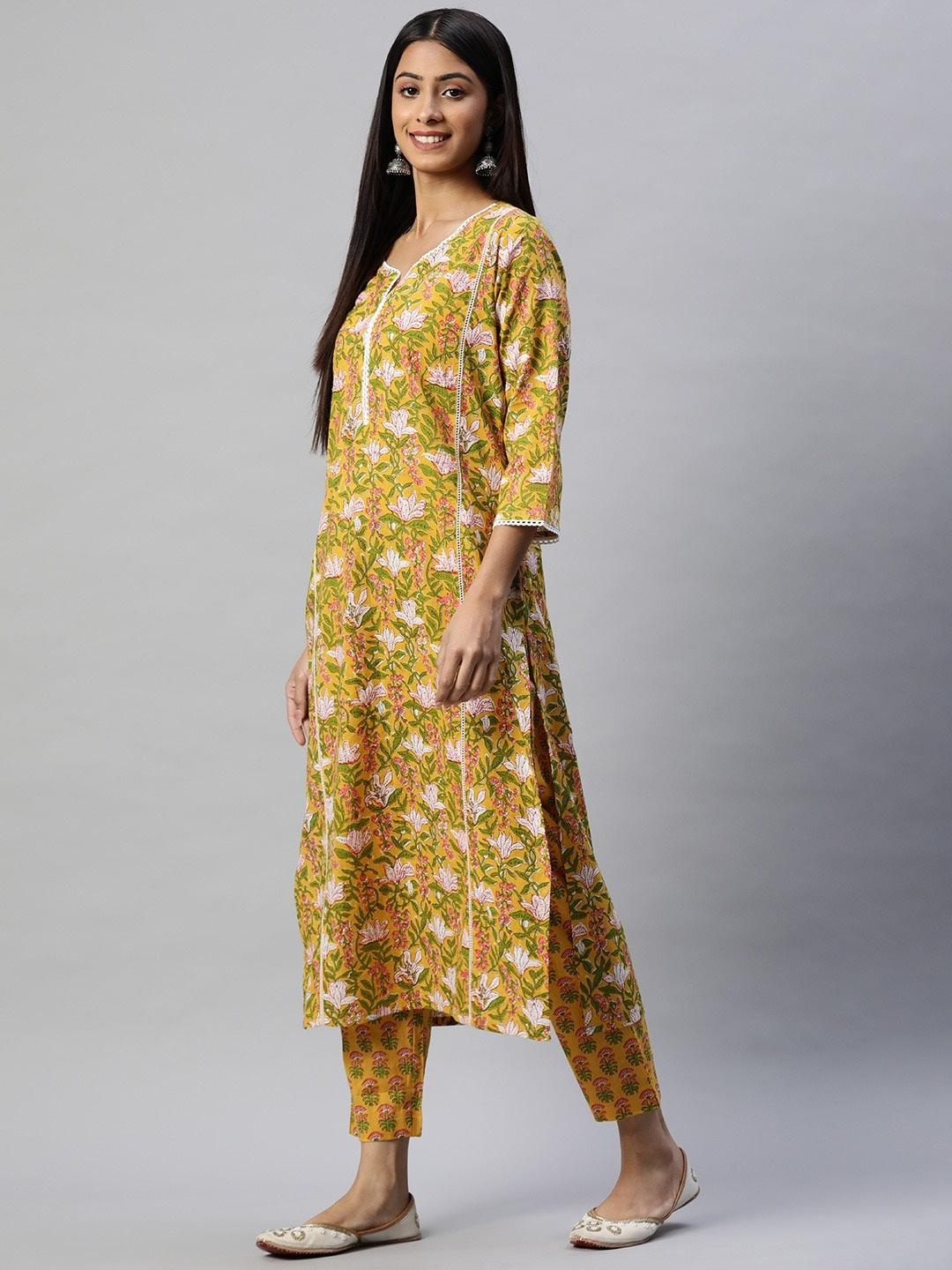  Yellow Floral Printed Straight Kurta Pant Sets 