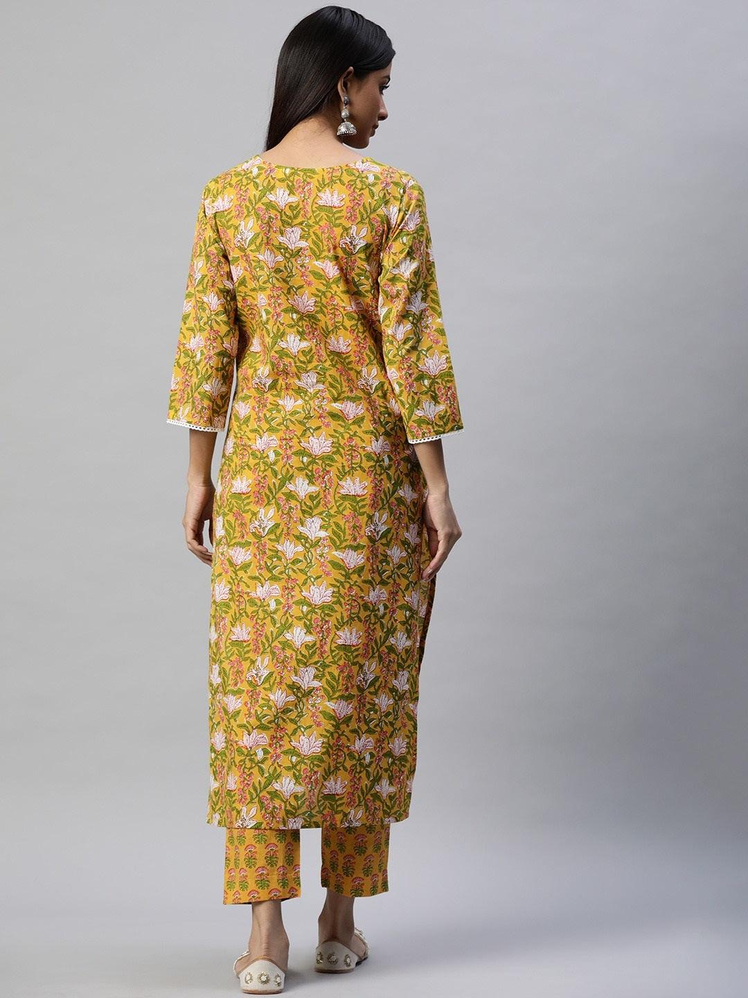  Yellow Floral Printed Straight Kurta Pant Sets 