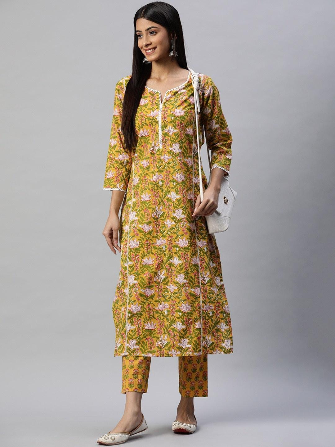  Yellow Floral Printed Straight Kurta Pant Sets 