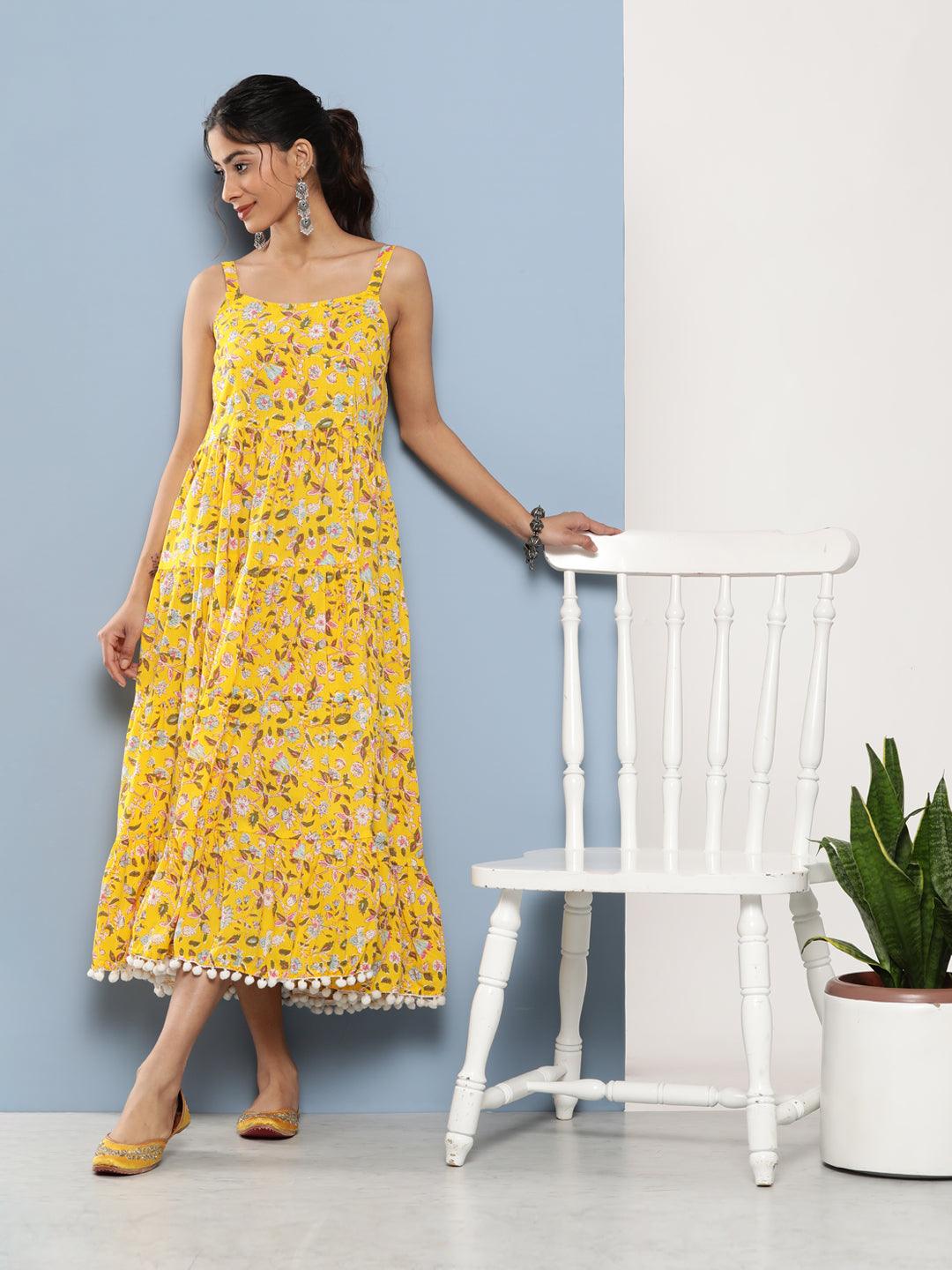   Yellow Floral Shoulder Strip Long Dress 
