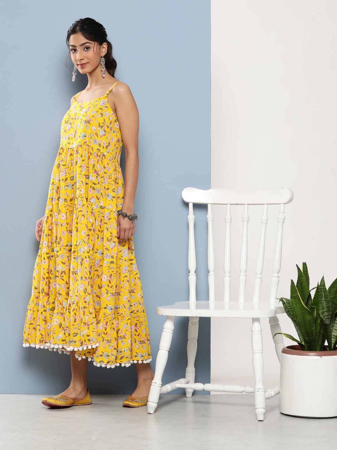  Yellow Floral Shoulder Strip Long Dress 