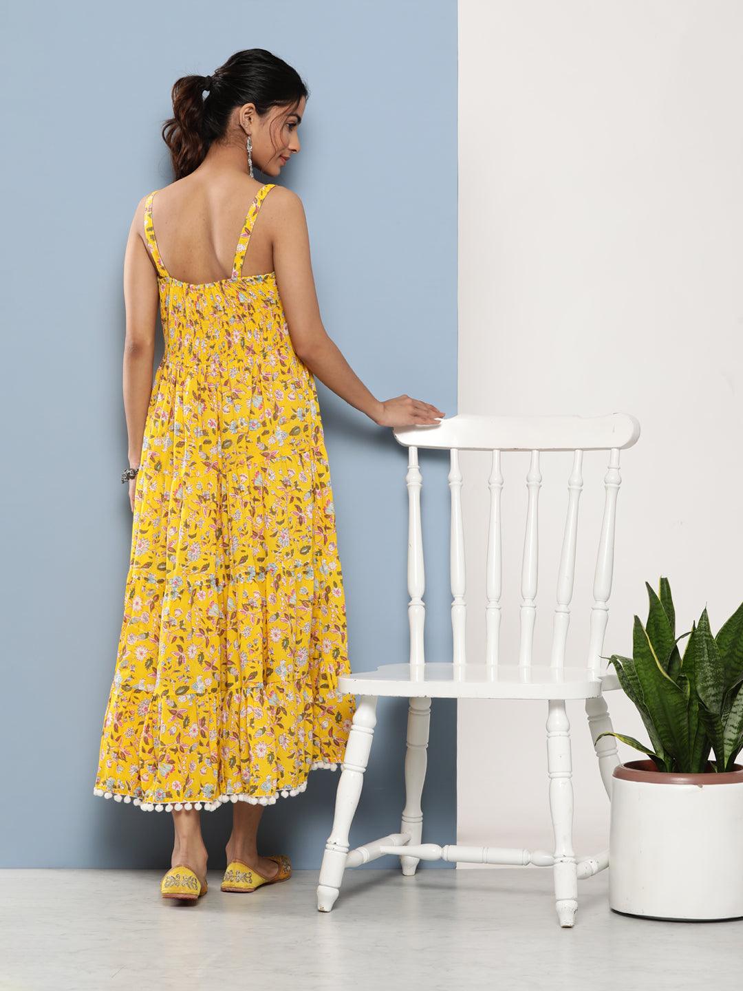   Yellow Floral Shoulder Strip Long Dress 