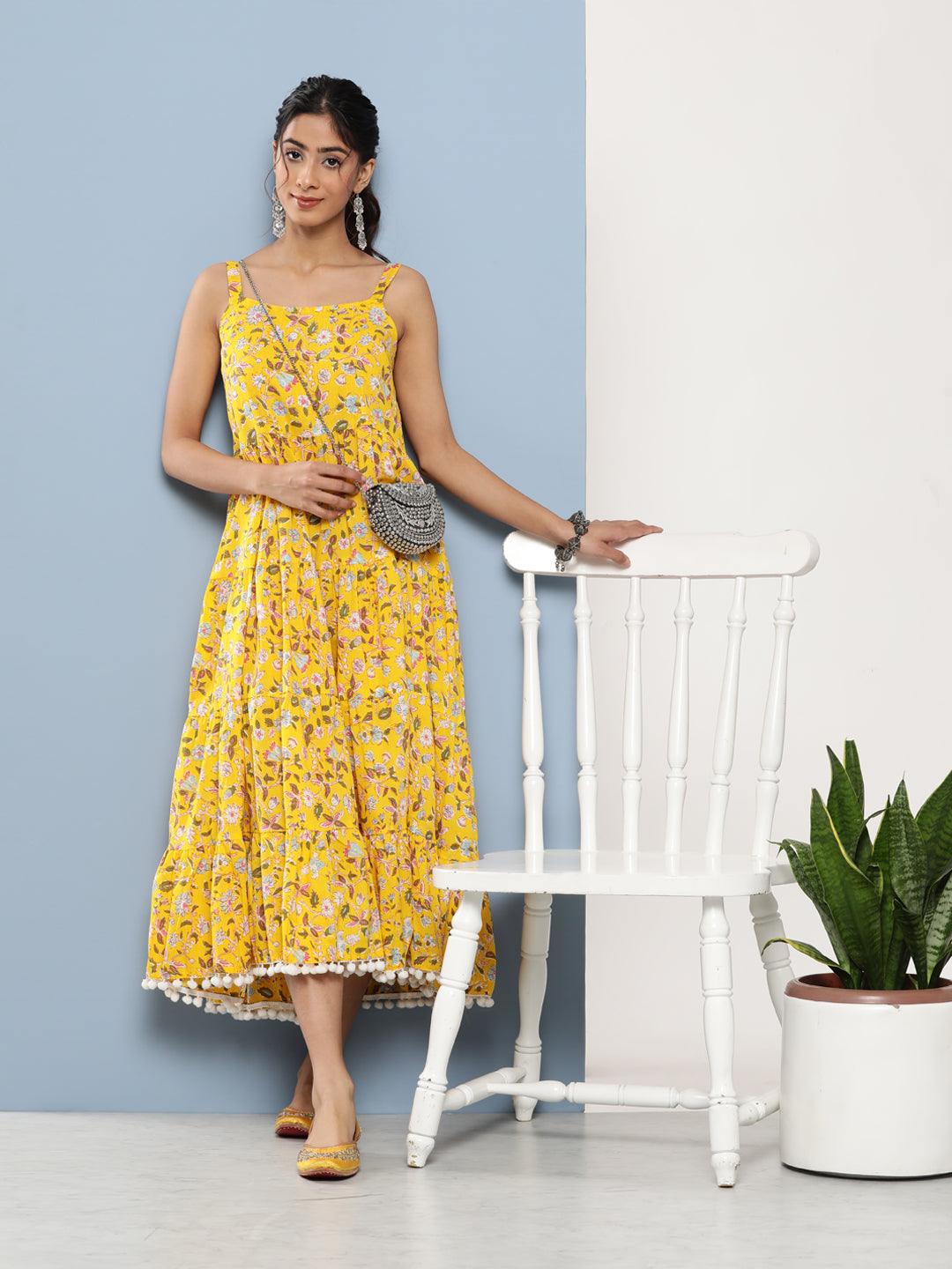   Yellow Floral Shoulder Strip Long Dress 