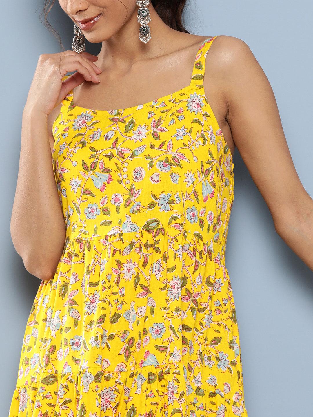  Yellow Floral Shoulder Strip Long Dress 