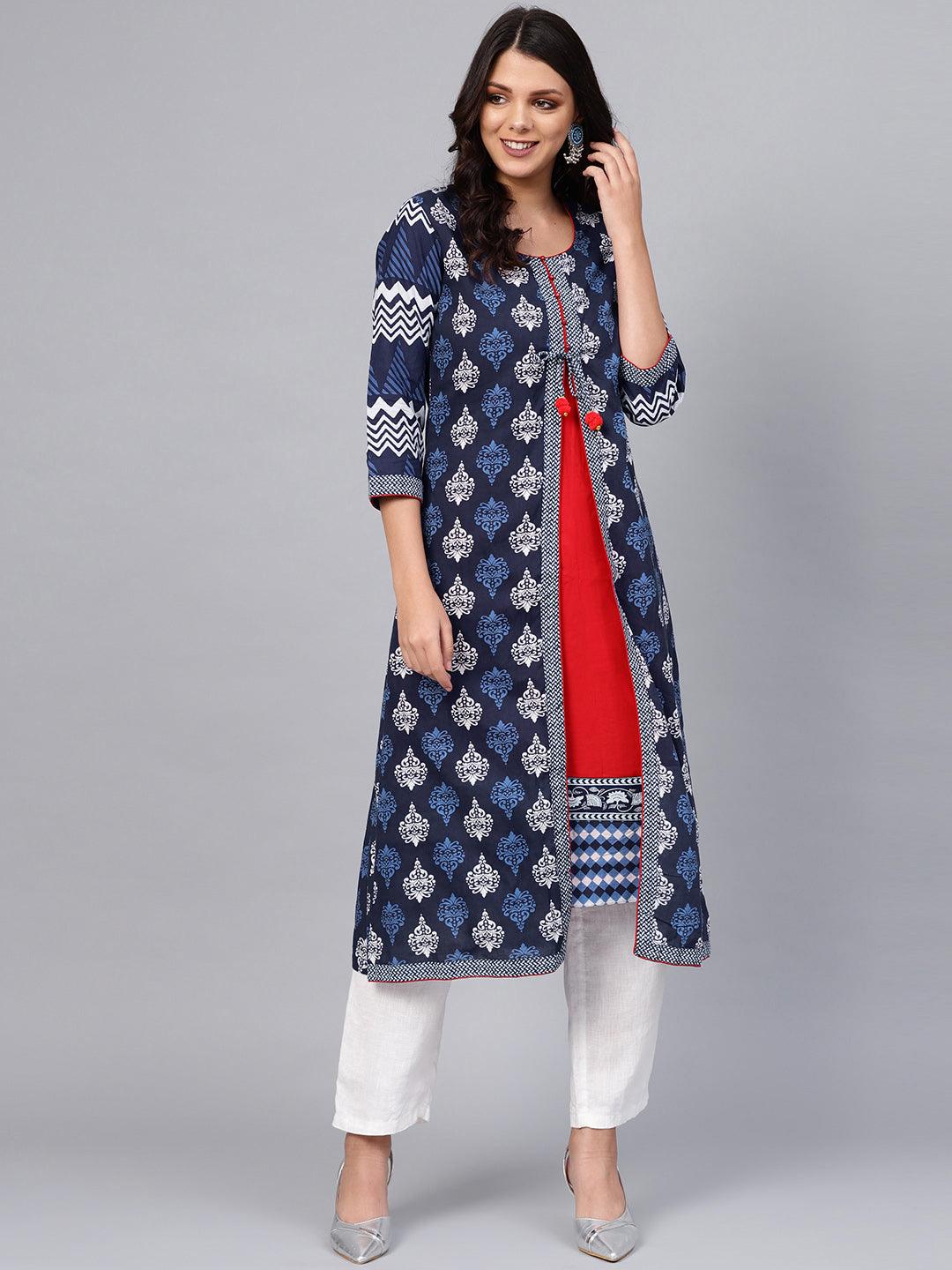  Blue Cotton & Rayon A-line Kurti 