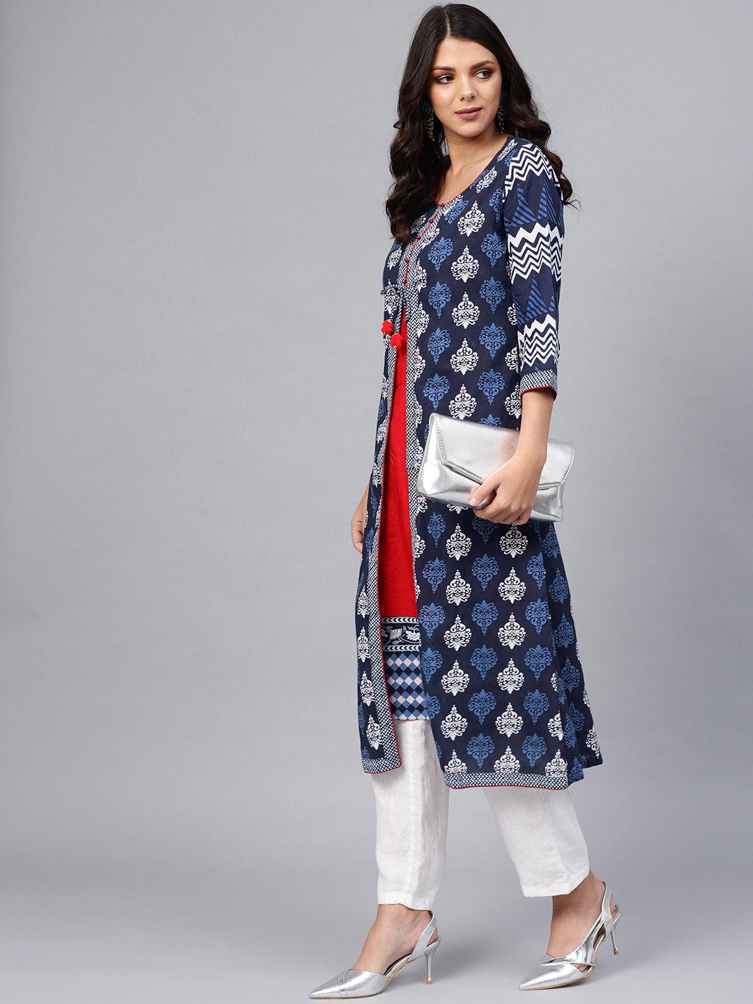  Blue Cotton & Rayon A-line Kurti 