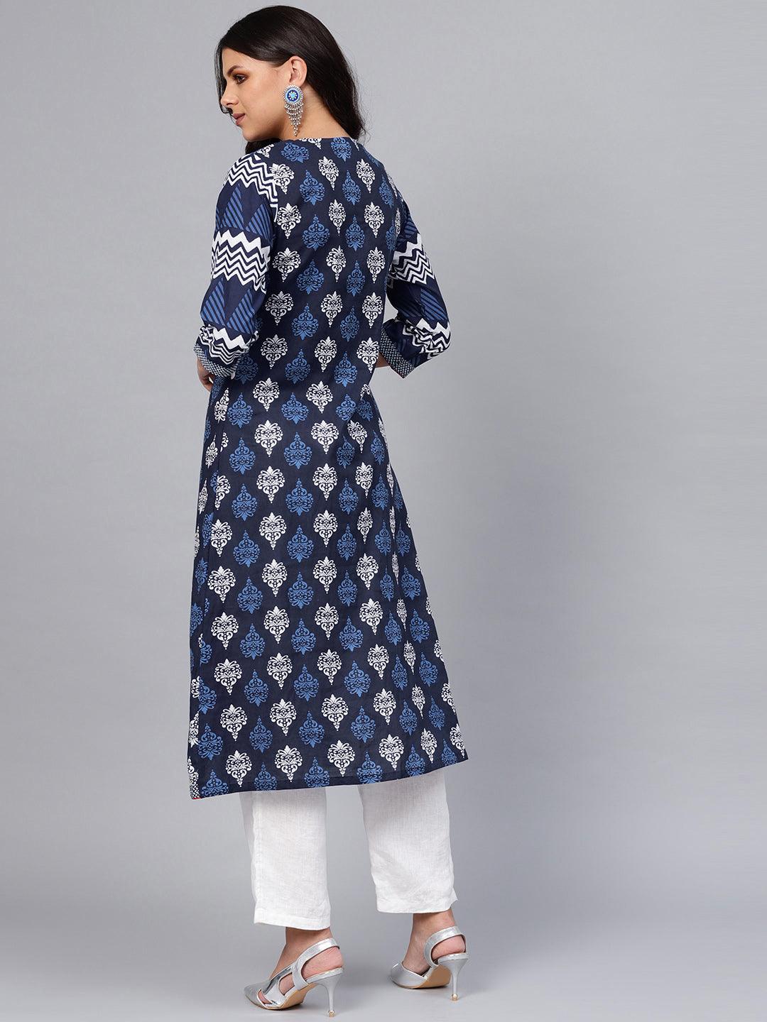  Blue Cotton & Rayon A-line Kurti 