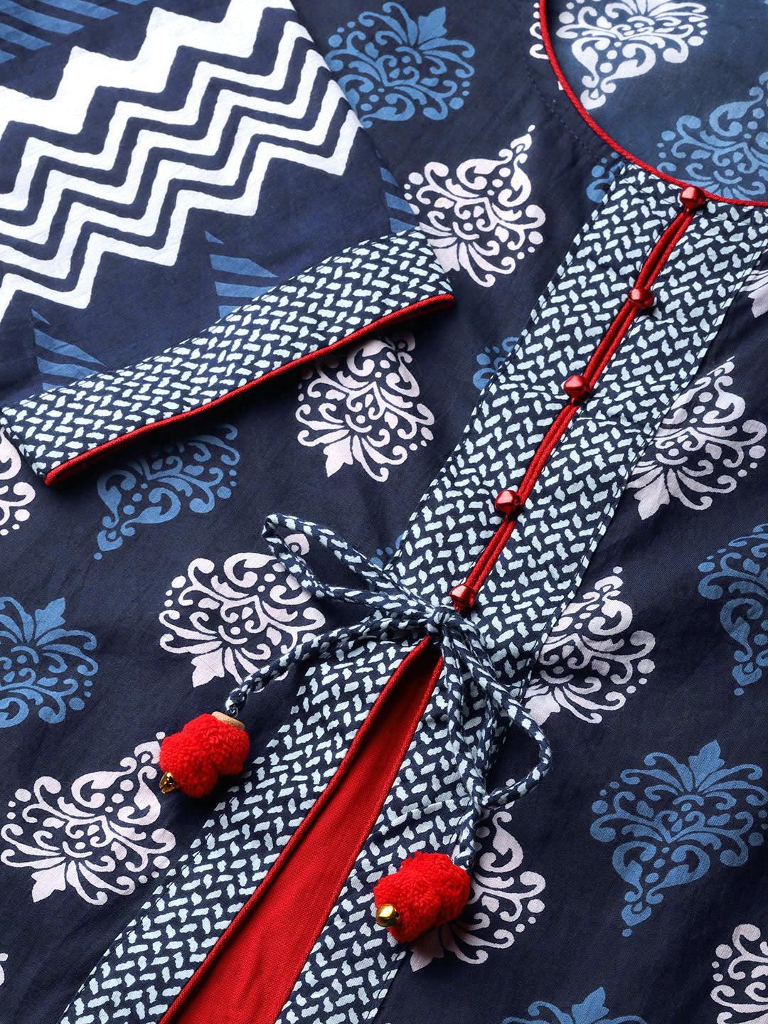  Blue Cotton & Rayon A-line Kurti 