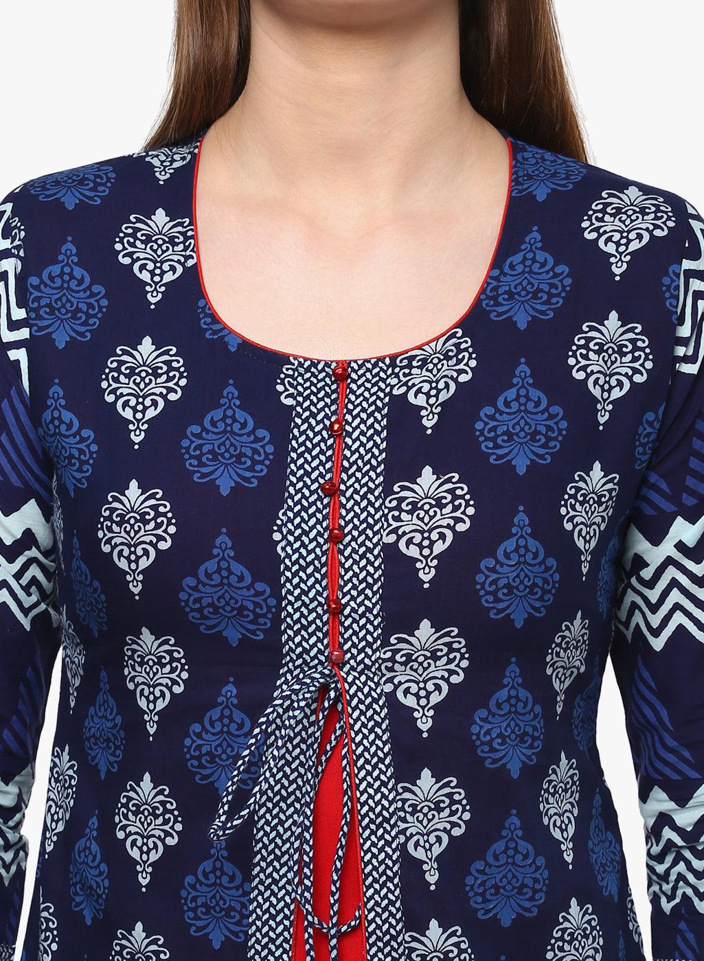  Blue Cotton & Rayon A-line Kurti 