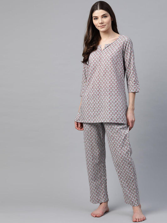  Grey Printed Loungewear/Nightwear 