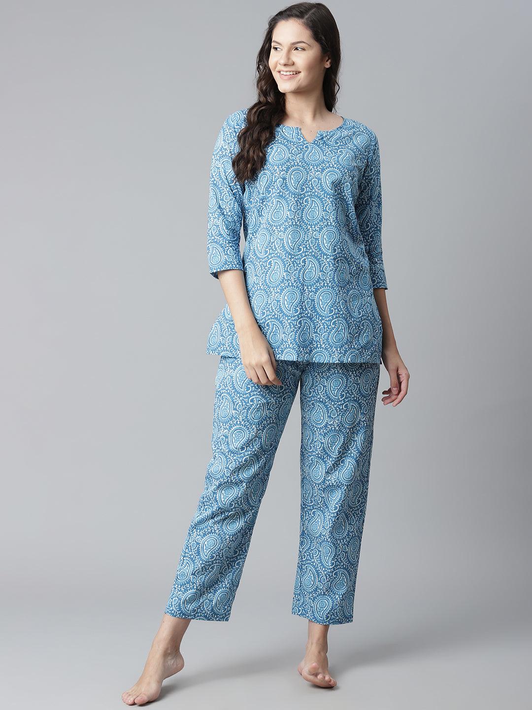  Blue Printed Cotton Nightwear 