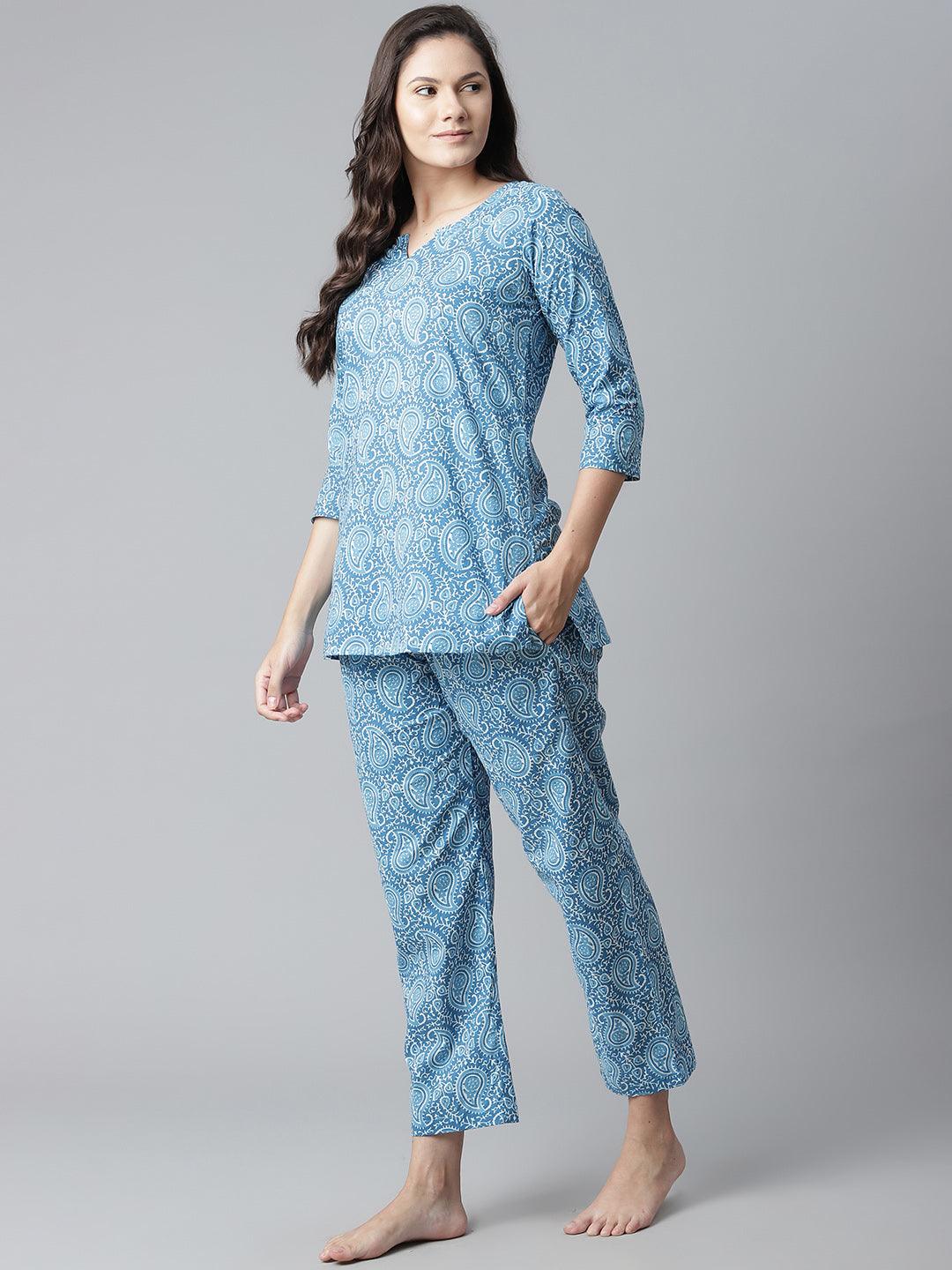  Blue Printed Cotton Nightwear 
