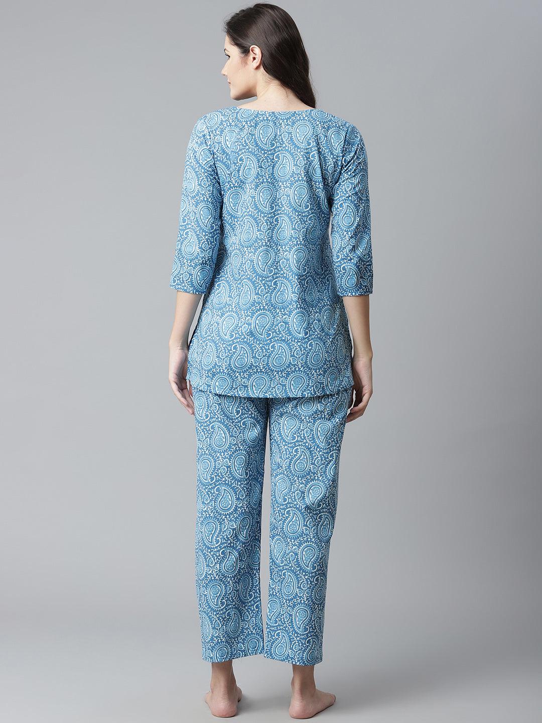  Blue Printed Cotton Nightwear 