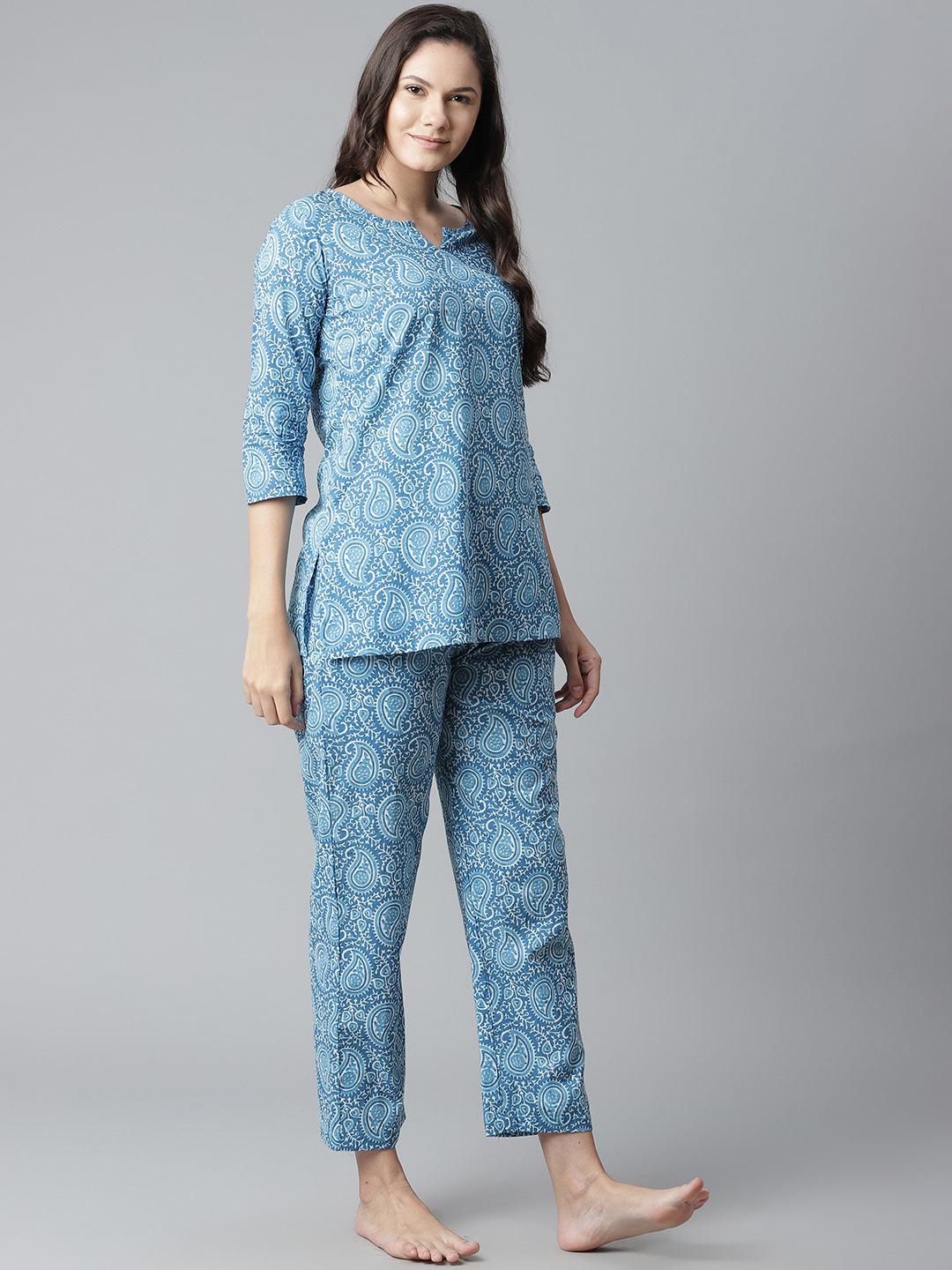  Blue Printed Cotton Nightwear 