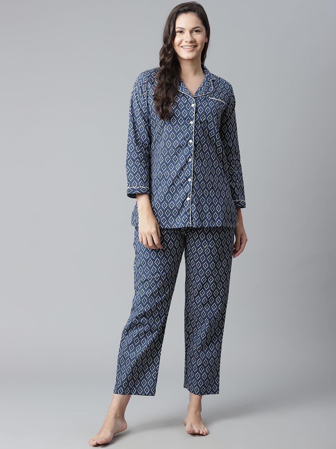  Indigo Printed Cotton Nightsuit 