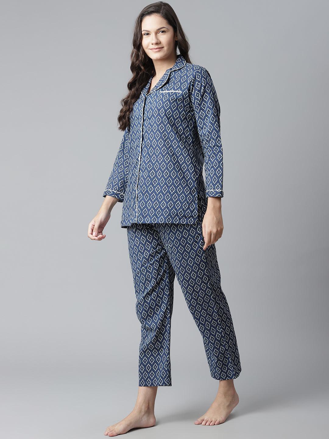  Indigo Printed Cotton Nightsuit 