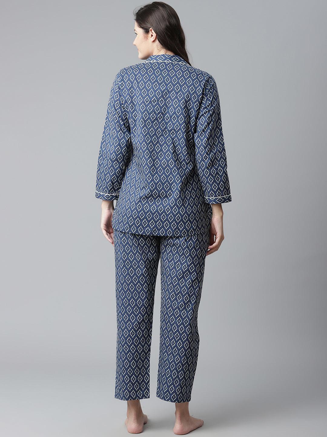  Indigo Printed Cotton Nightsuit 