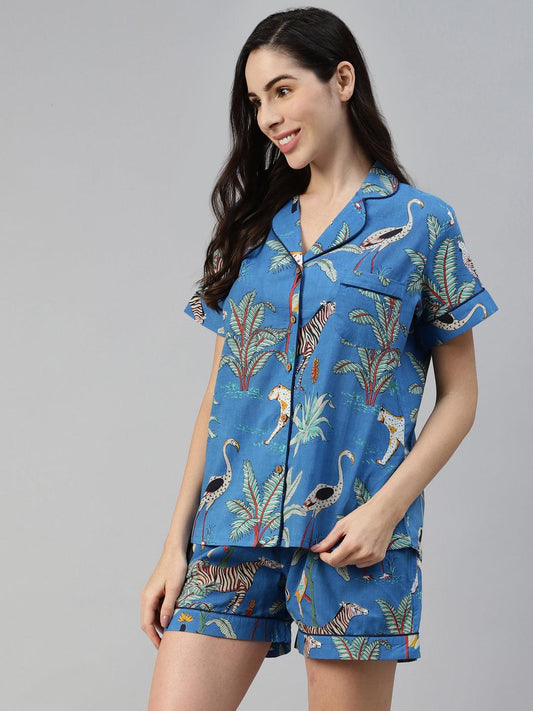  Teal blue Cotton Animal Print Night suit 