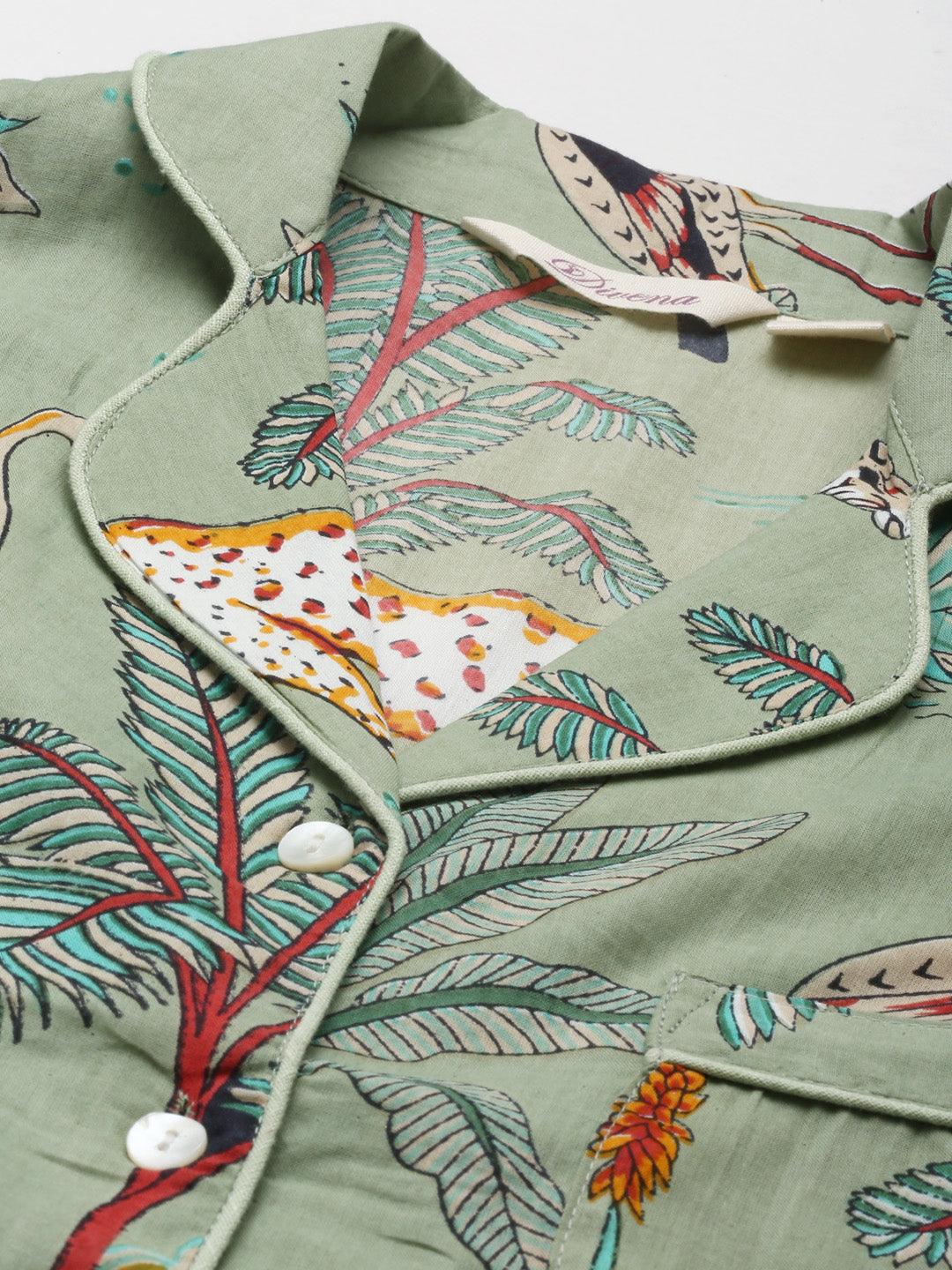  Sea Green Cotton Animal Print Night Suit 