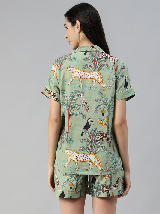  Sea Green Cotton Animal Print Night Suit 