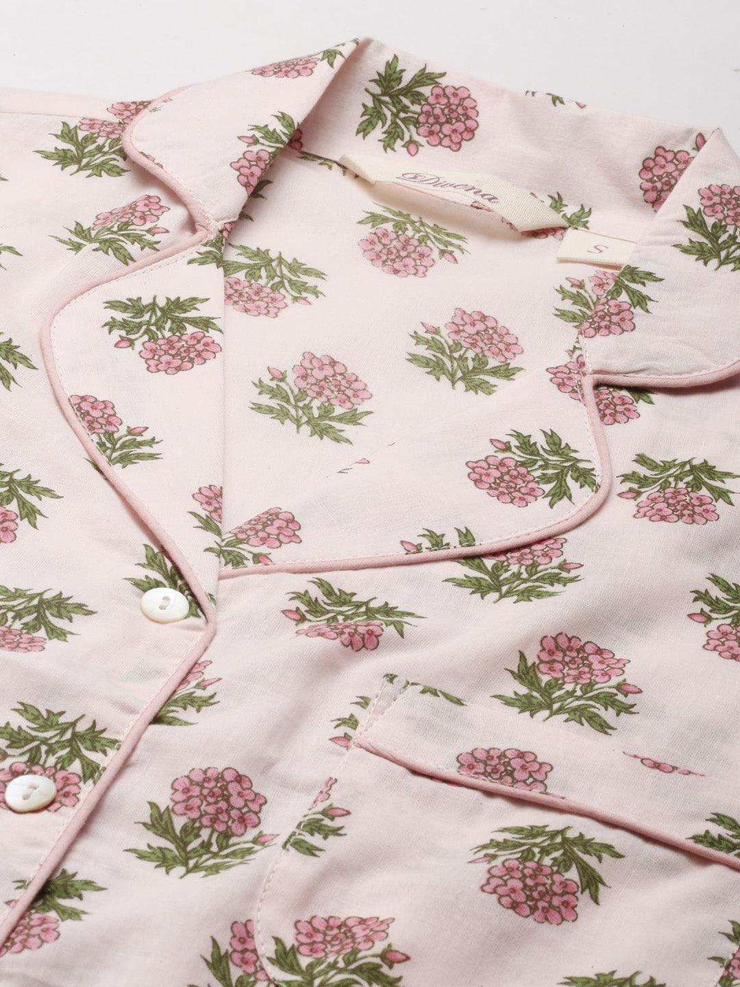  Baby pink Cotton Floral Print Night Suit 