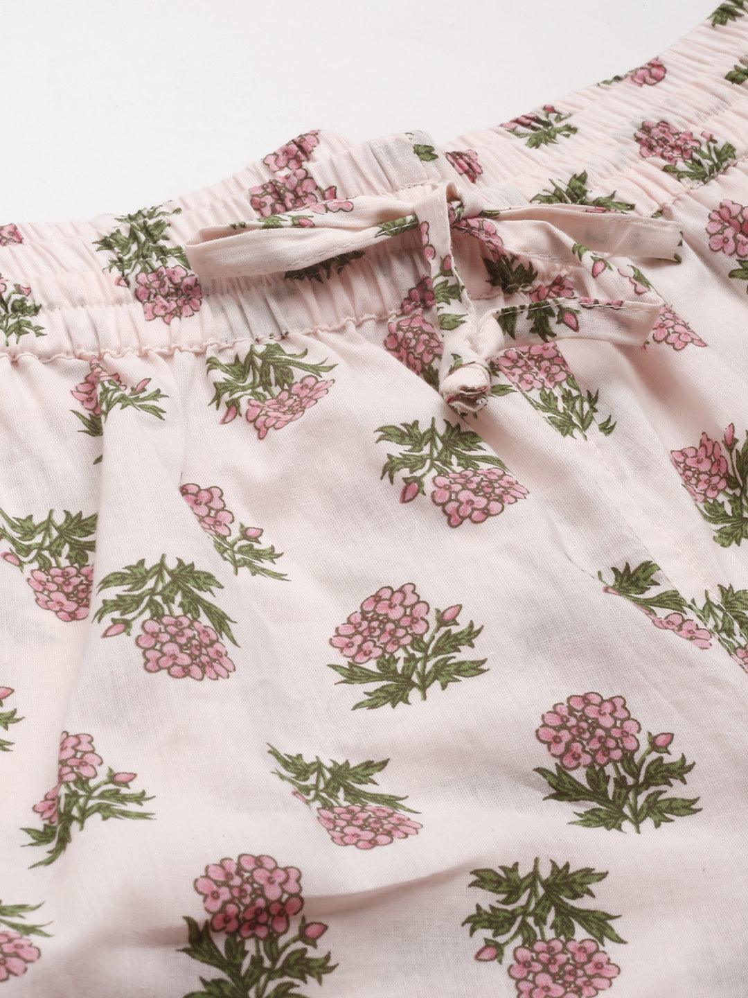  Baby pink Cotton Floral Print Night Suit 